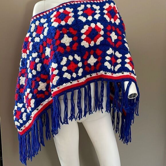Vintage Sweaters - Vintage Granny Square Knit Poncho Red, White, Blue